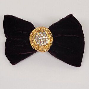 Large Made in France Hair Barrett Velour Bow, Gold-tone and Rhinestone Center